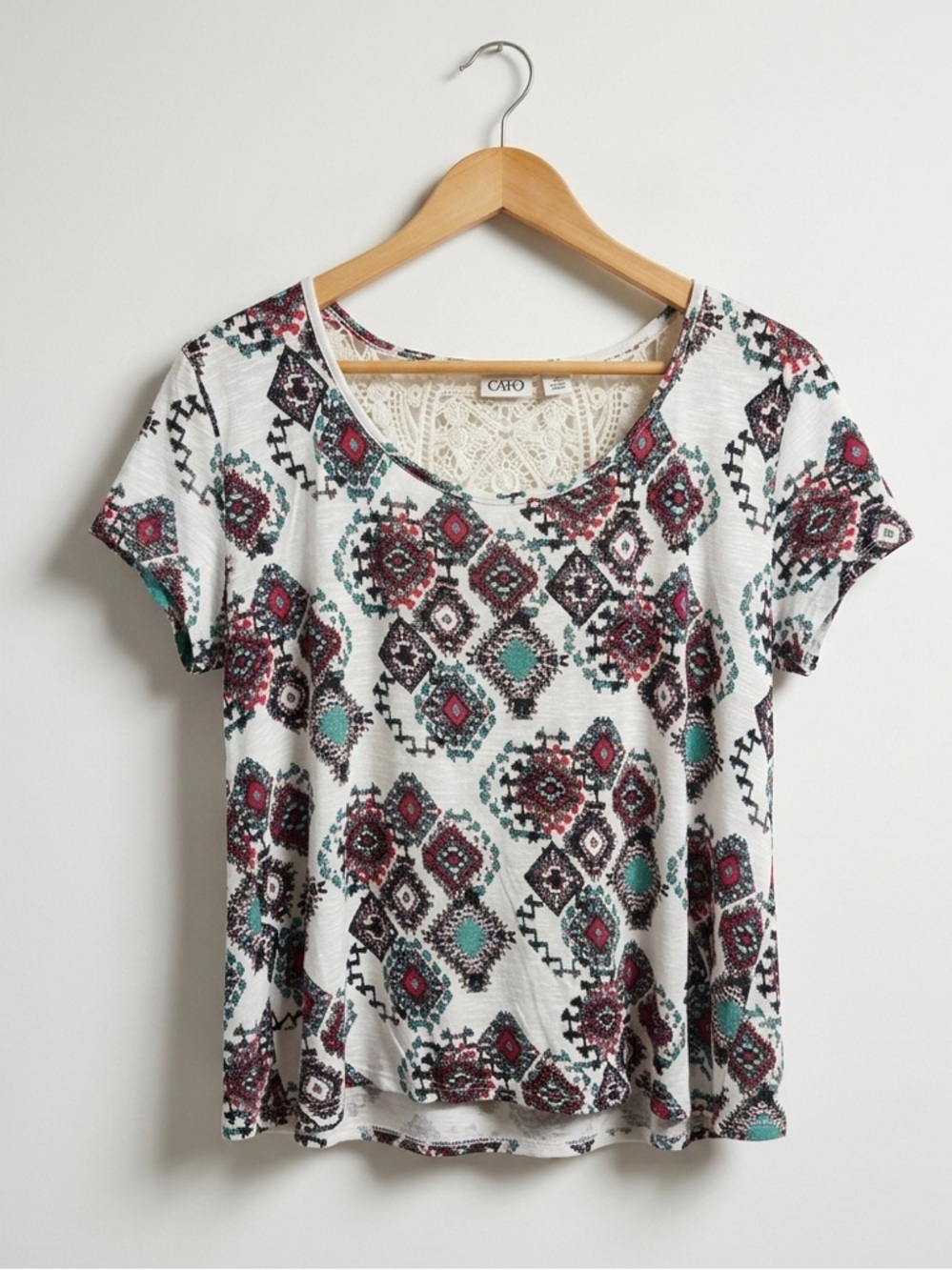 Cato White Short Sleeve Top with Teal and Burgundy Geo Print Crochet Detail Back
